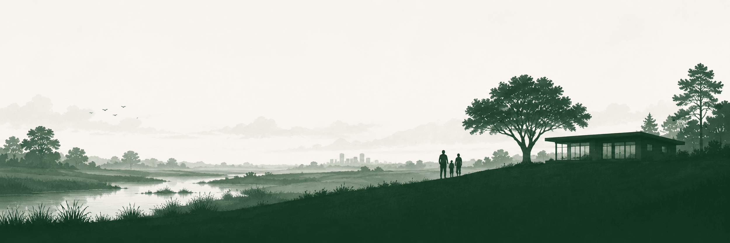 Illustration of a family overlooking a serene Texas landscape at dusk