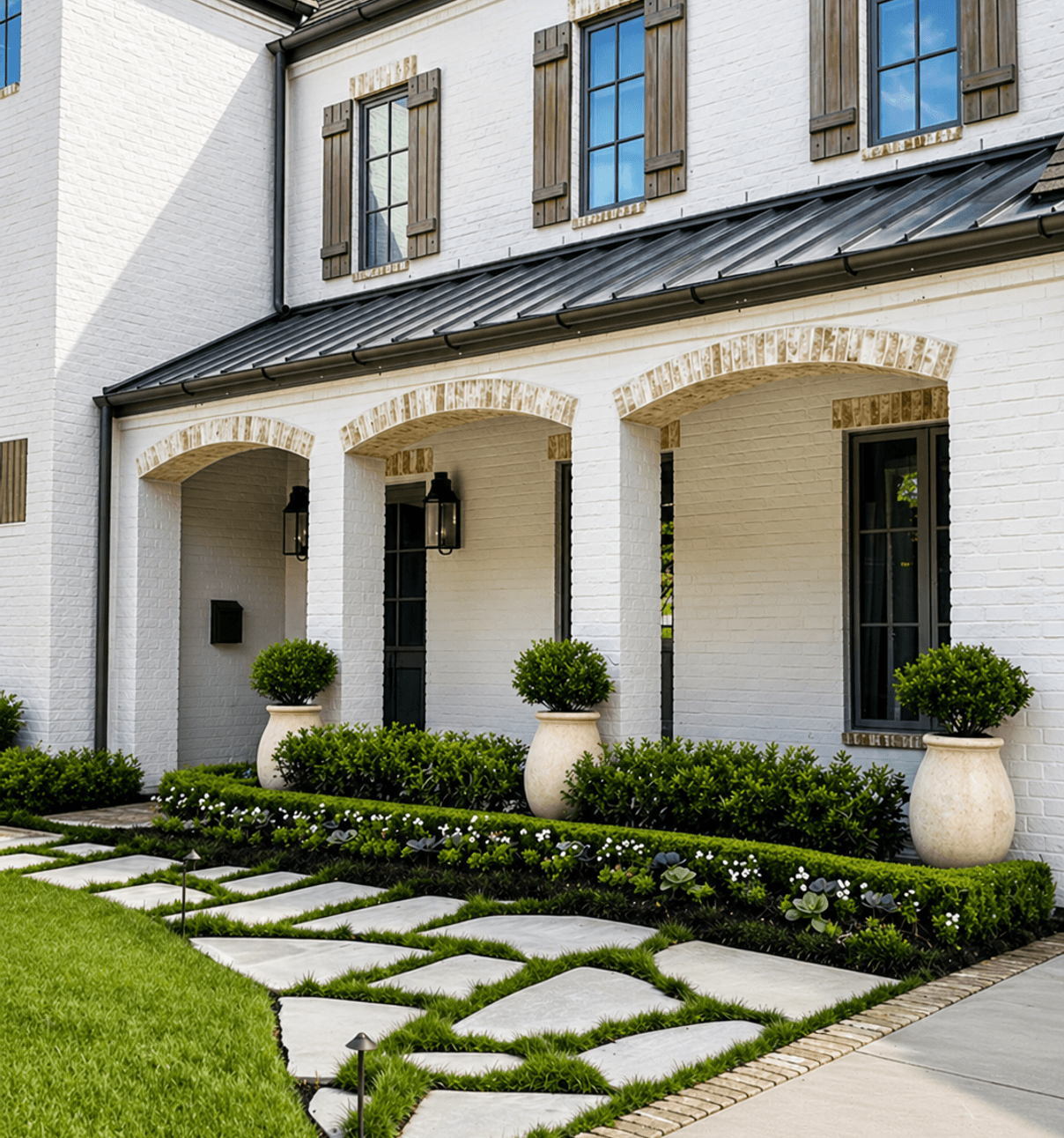 Natural stone walkway leading to a front porch framed by boxwood landscaping and flower beds