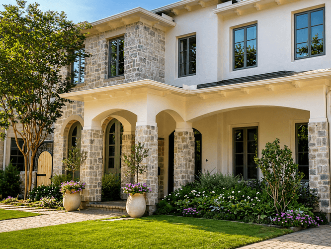 Manicured front lawn and flower beds framing a custom stone home