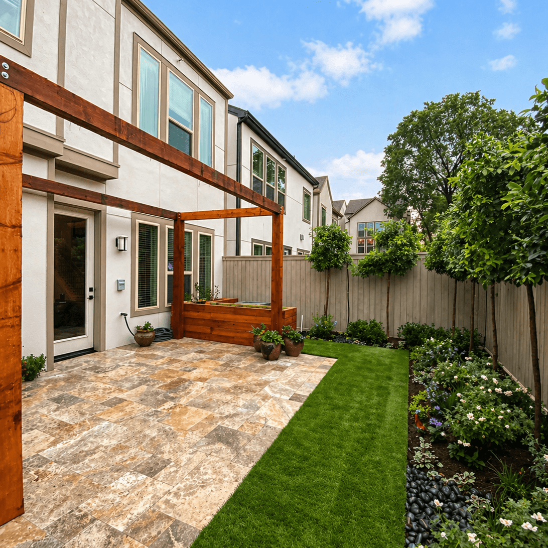 Small backyard stone patio with artificial turf and garden beds