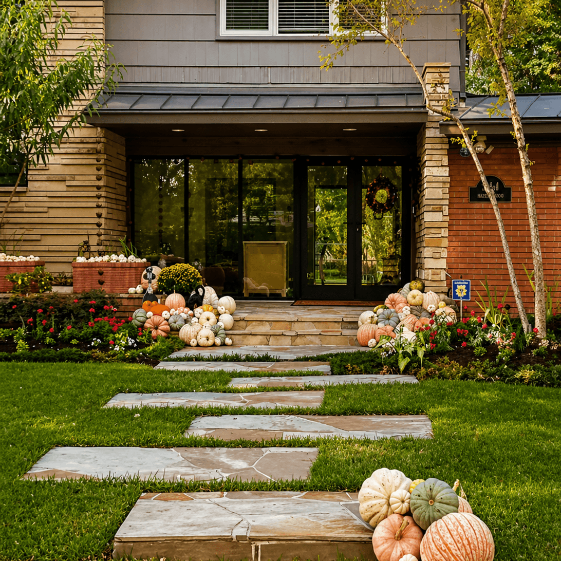 Natural stone pathway leading to a front entry lined with flower beds